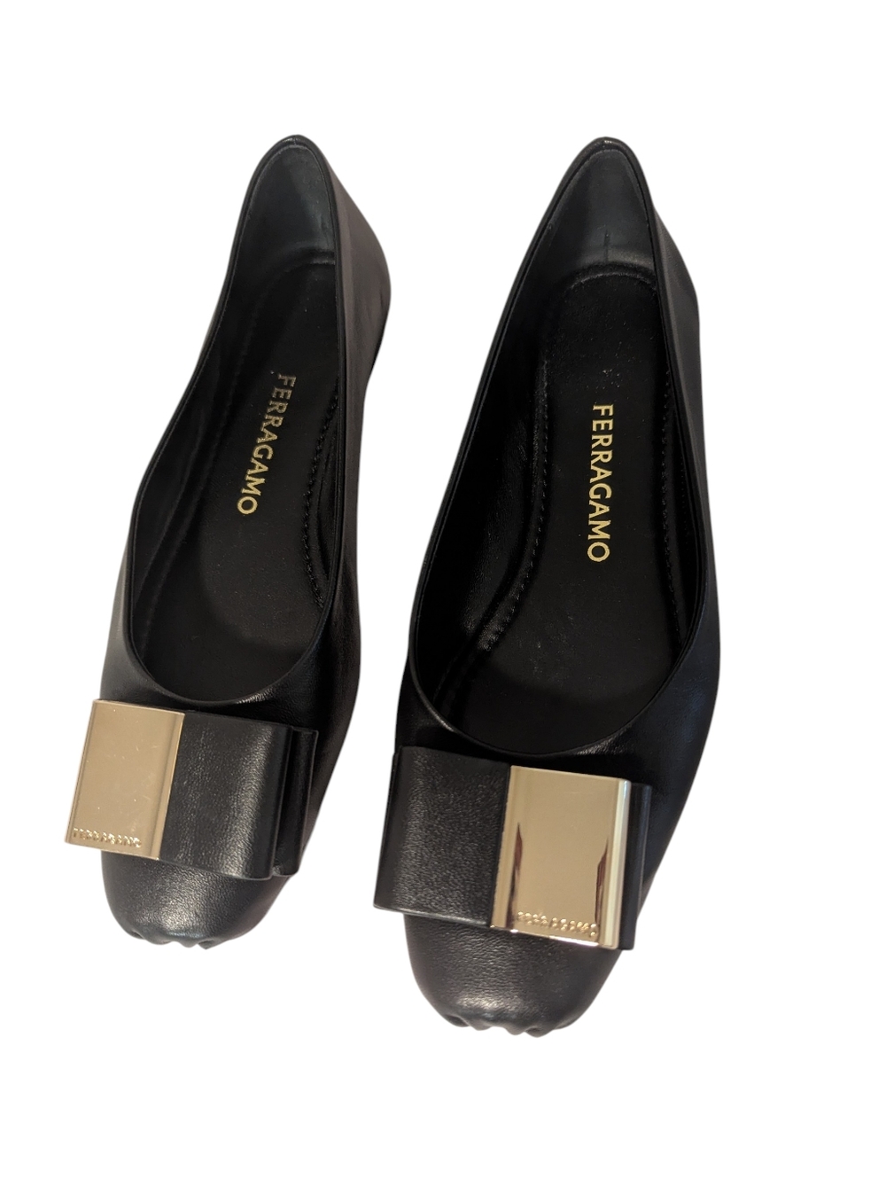Salvatore Ferragamo, Black Lina ,Bow Ballet Flats with Gold Accent